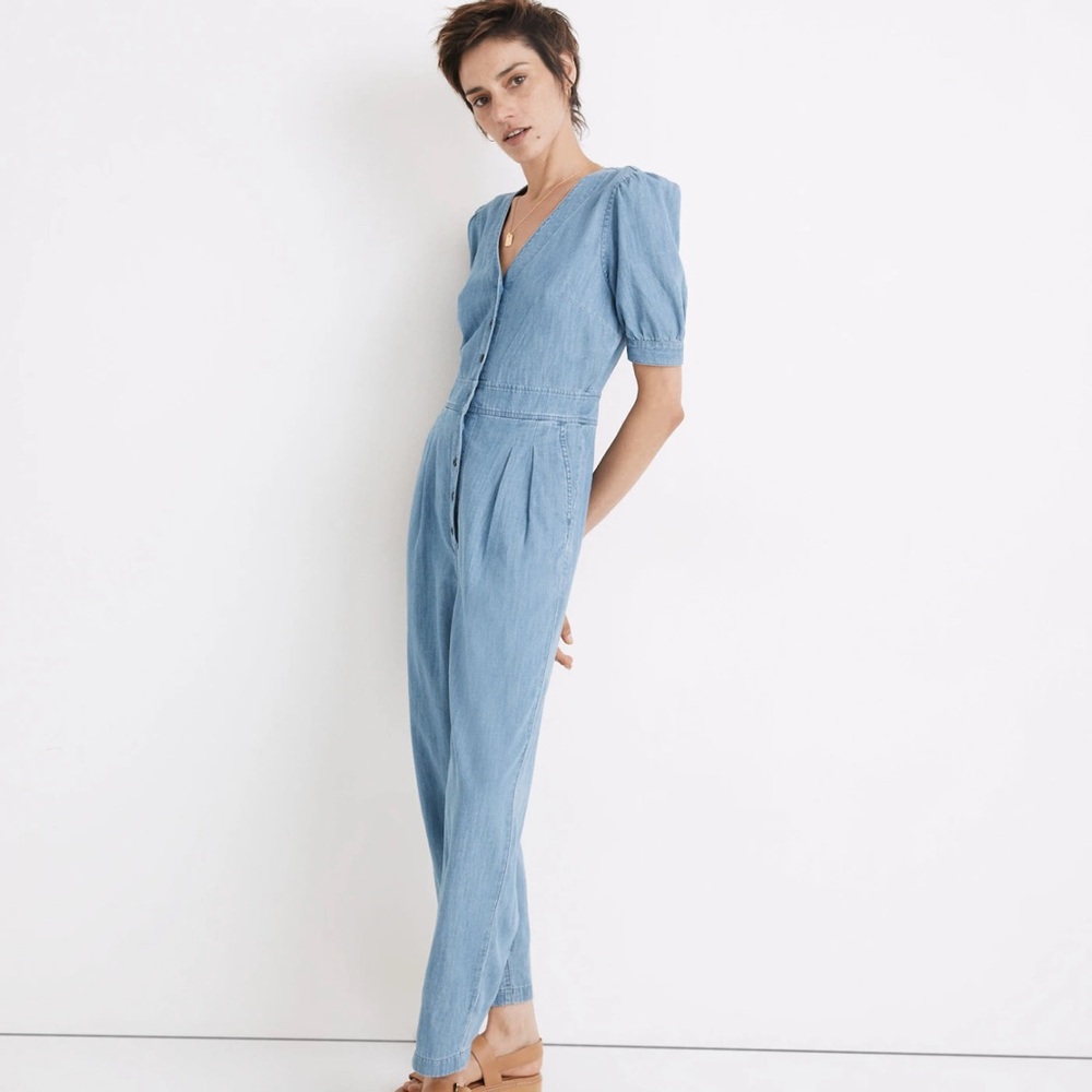 Madewell Light Blue Denim Jumpsuit denim puff sleeve size 10